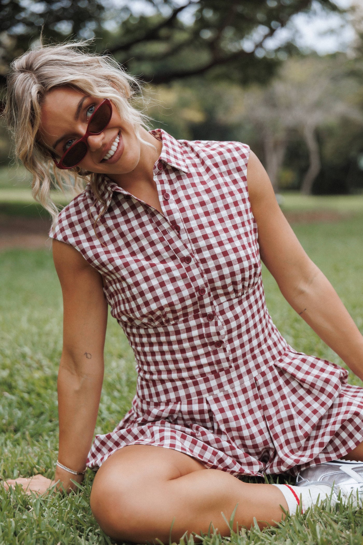 Helen Button Front Romper - Burgundy Gingham