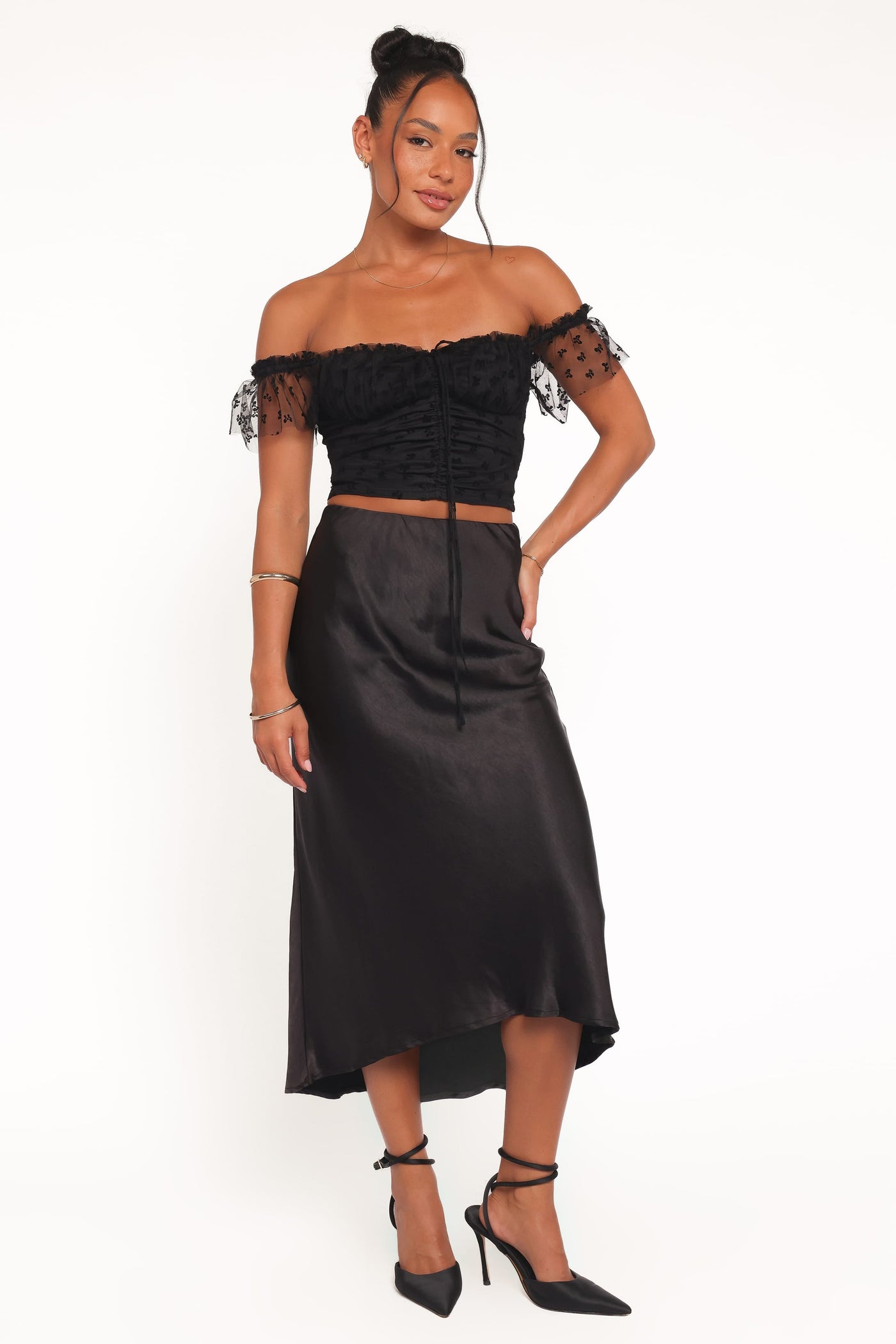Aster Off Shoulder Mesh Top - Black