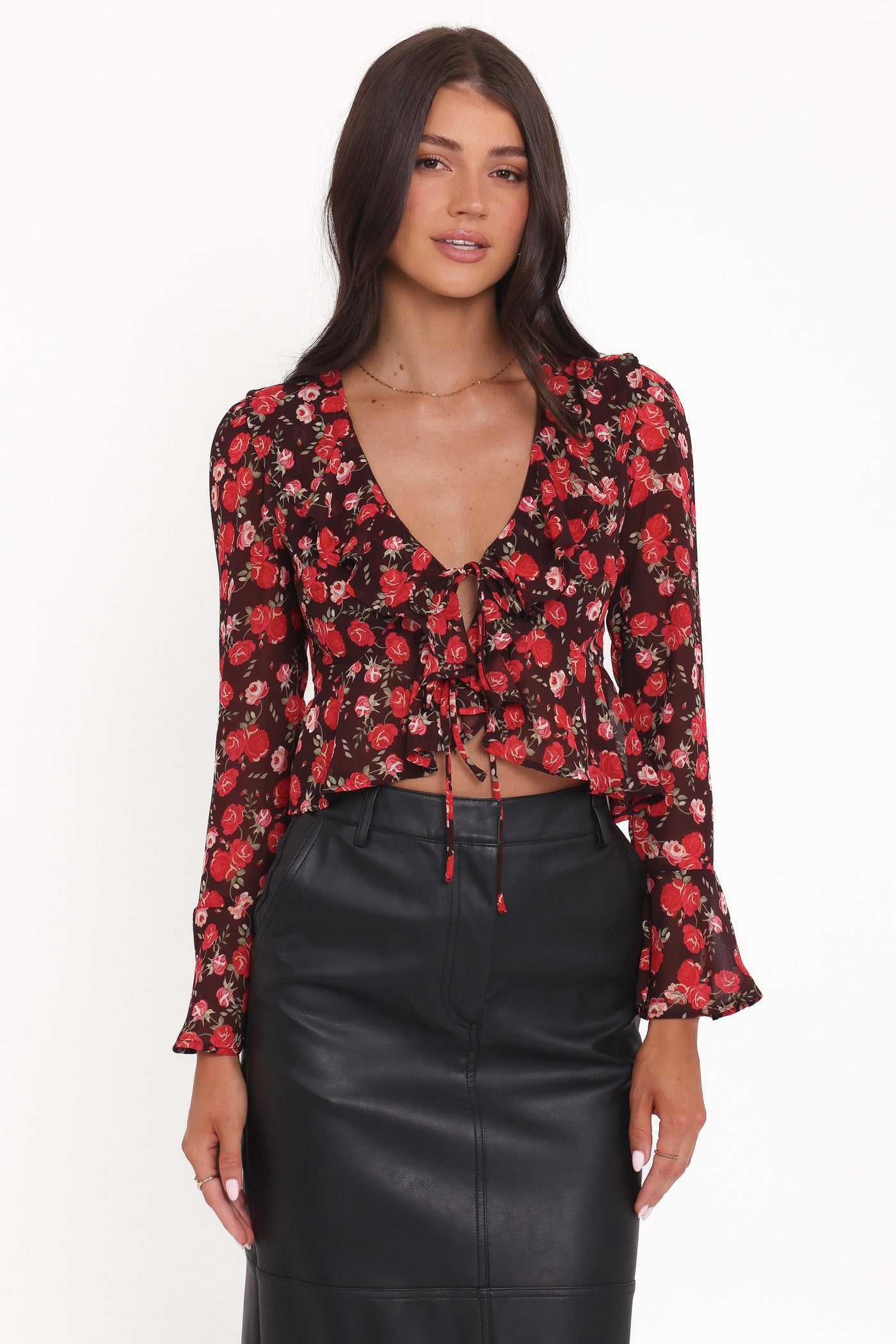 Aveline Chiffon Ruffle Front Top - Brown Floral