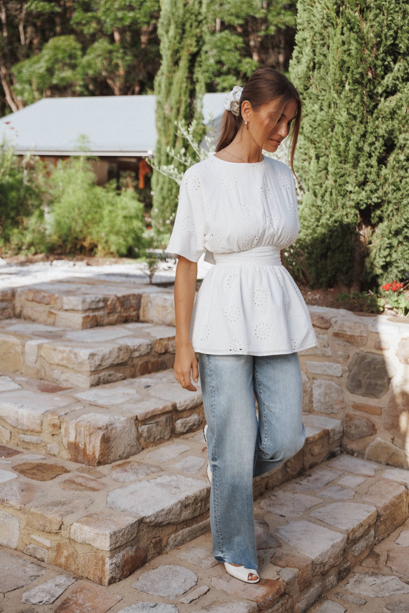 Carmel Tie Back Tunic Top - White Embroidery