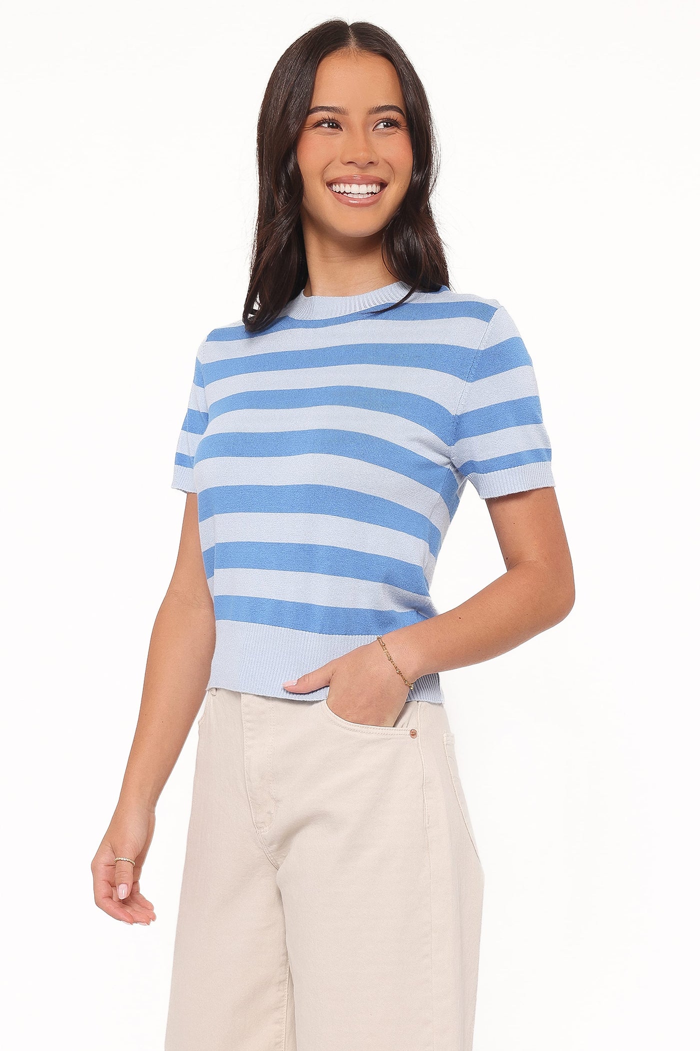 Joss Cropped Knitted Tee - Blue Stripe