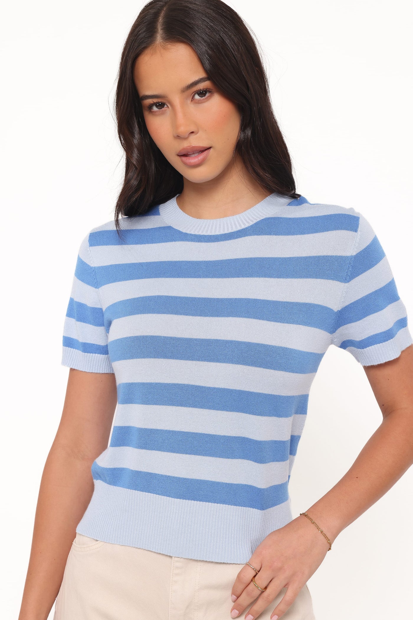 Joss Cropped Knitted Tee - Blue Stripe
