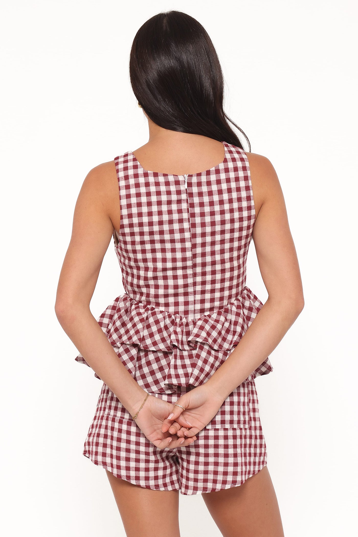 Landon Tiered Peplum Top - Burgundy Gingham