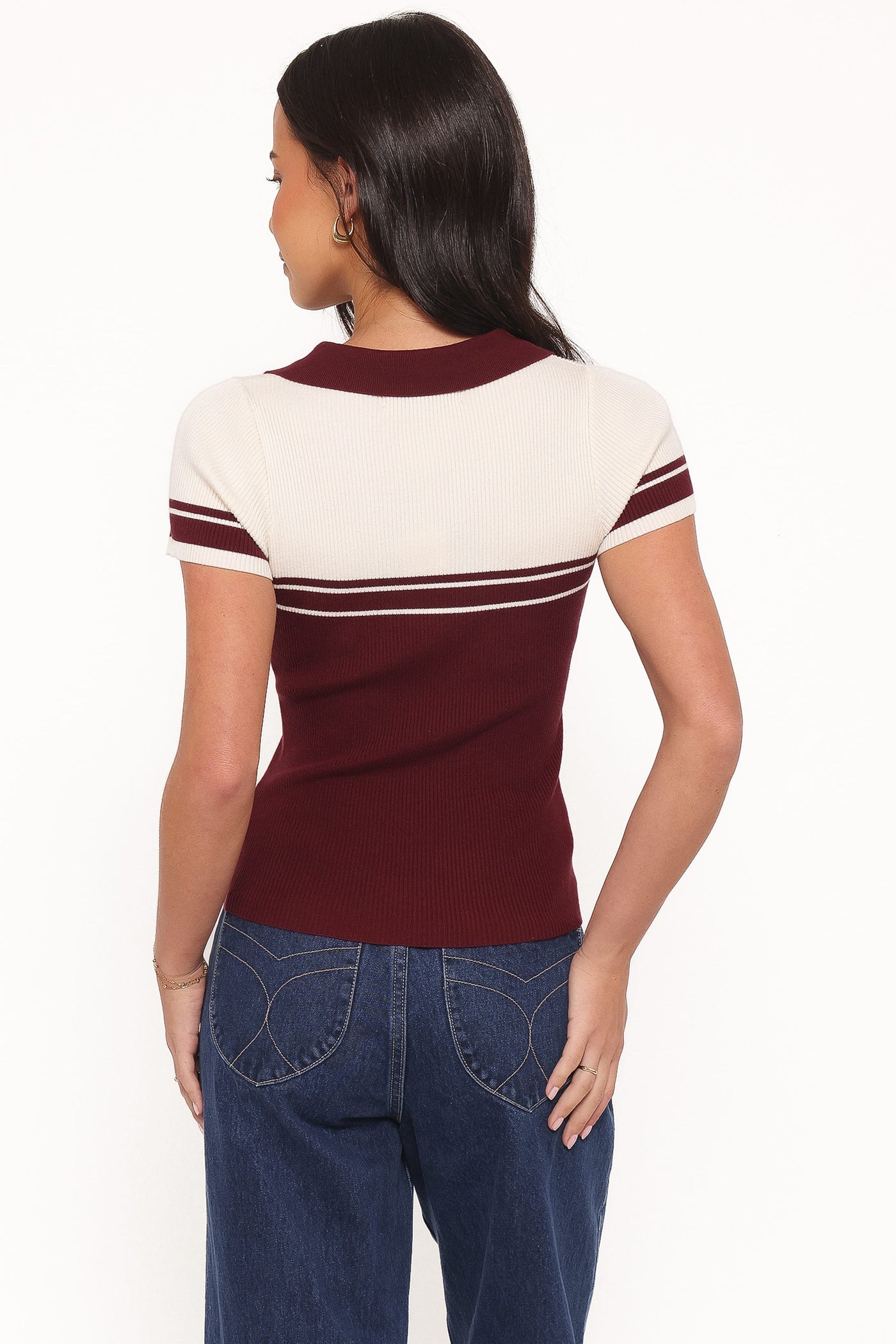 Maris Knit Polo Top - Burgundy/Cream Stripe