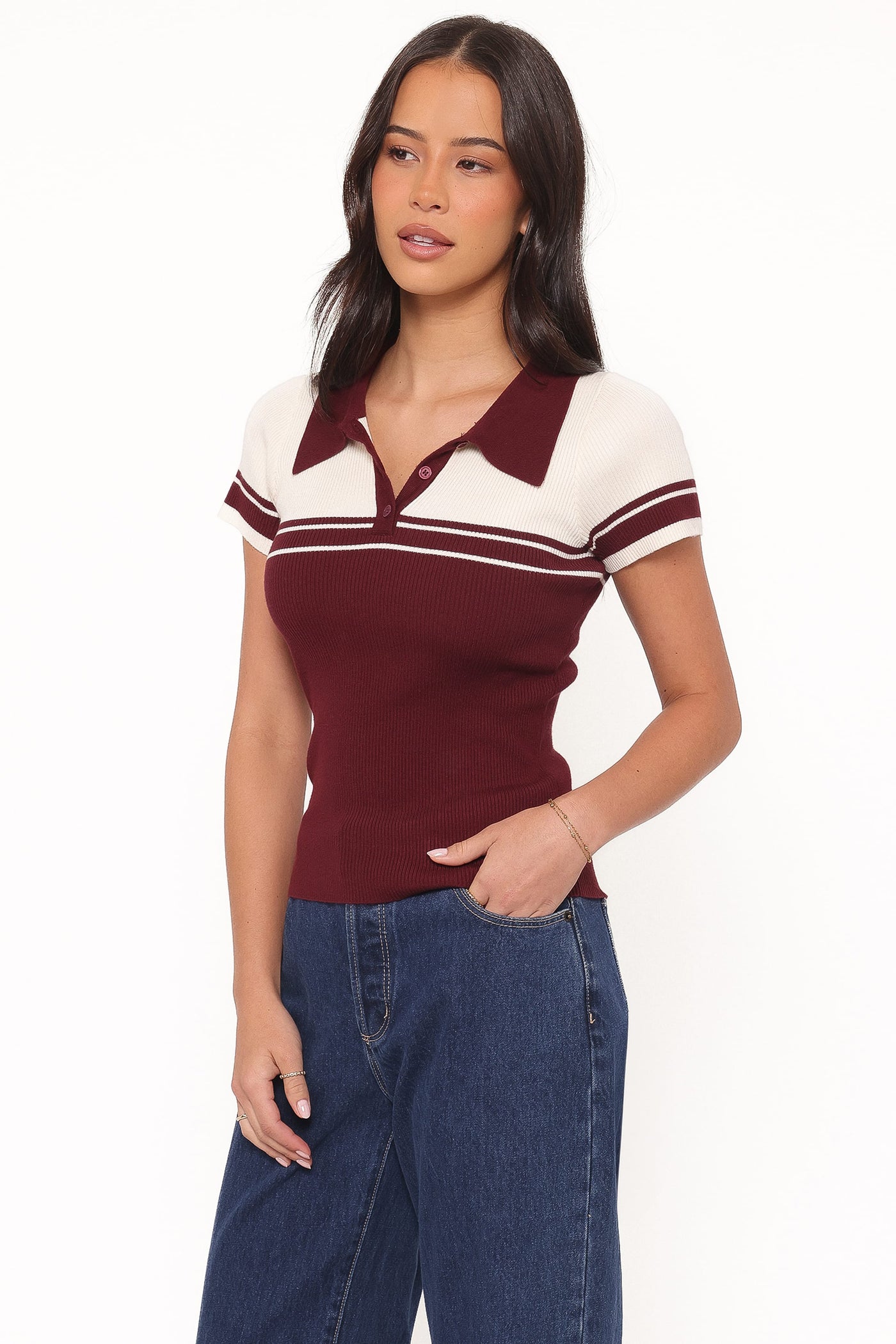 Maris Knit Polo Top - Burgundy/Cream Stripe