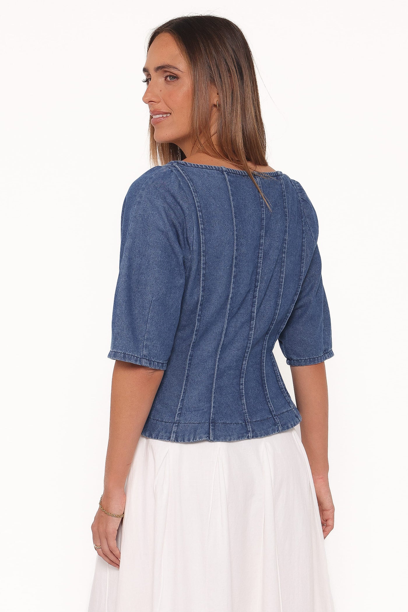 Saylor Denim Peplum Top - Blue Medium Wash