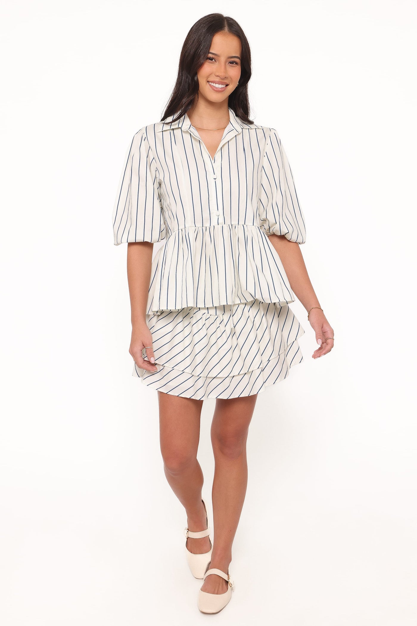 Thomas Short Sleeve Peplum Top - Yellow/Blue Stripe