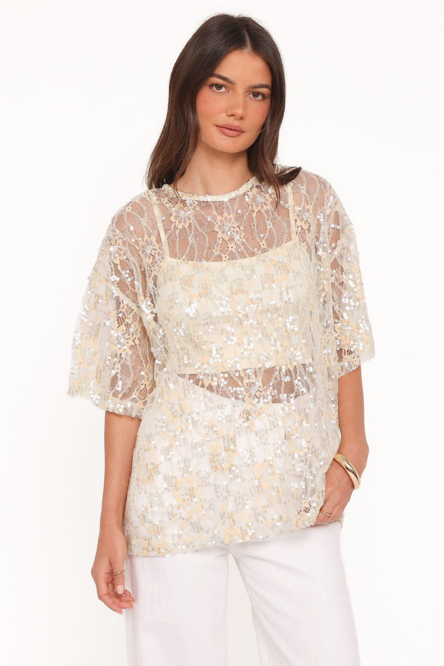 Yonder Sheer Lace Tee Top - Pale Yellow