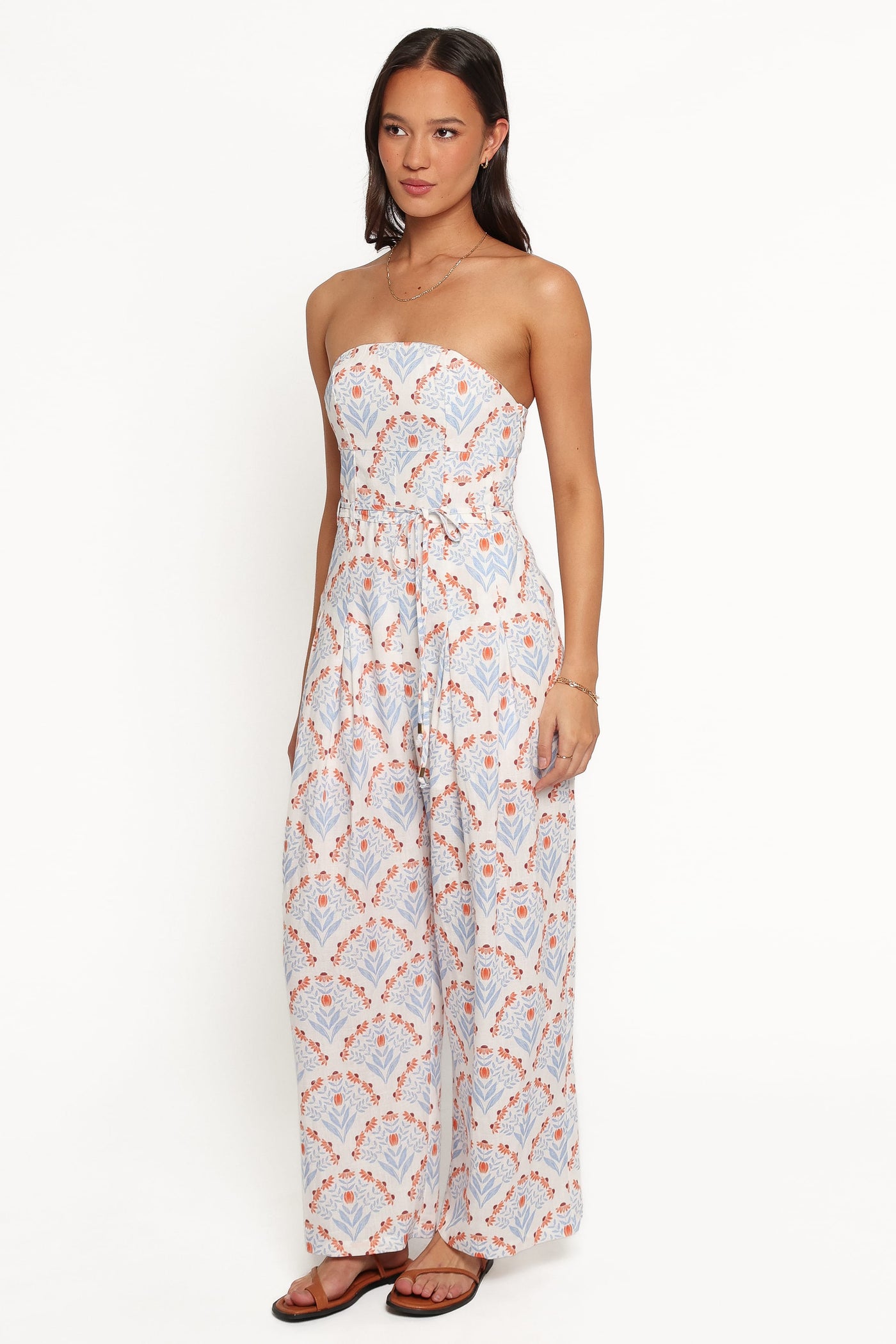 Calliope Tie Waist Jumpsuit - White Blue