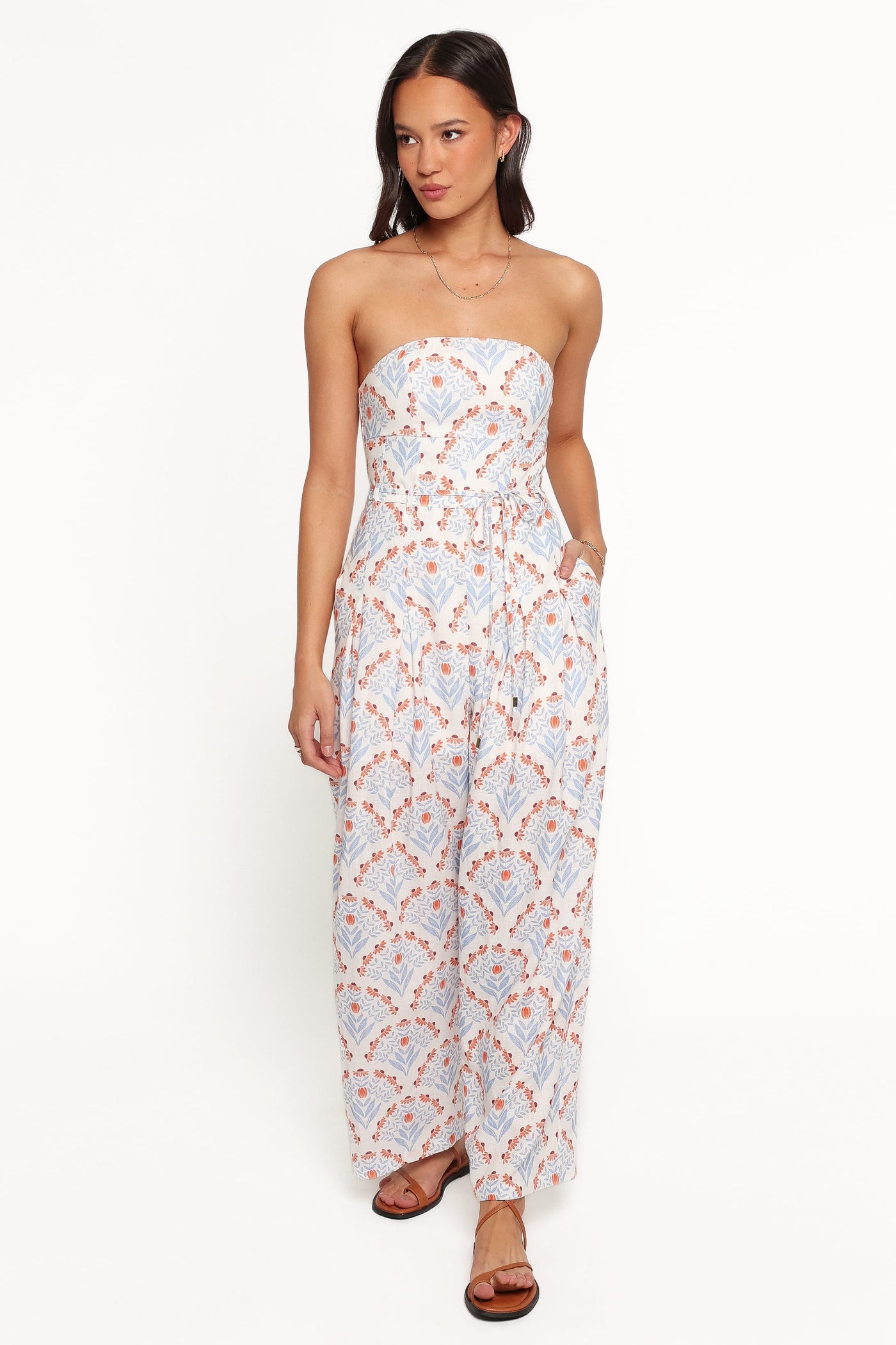Calliope Tie Waist Jumpsuit - White Blue