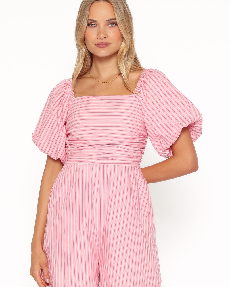 Clo Puff Sleeve Romper - Pink Stripe