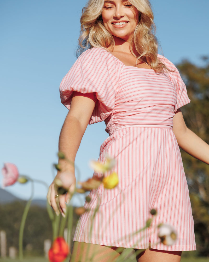 Clo Puff Sleeve Romper - Pink Stripe