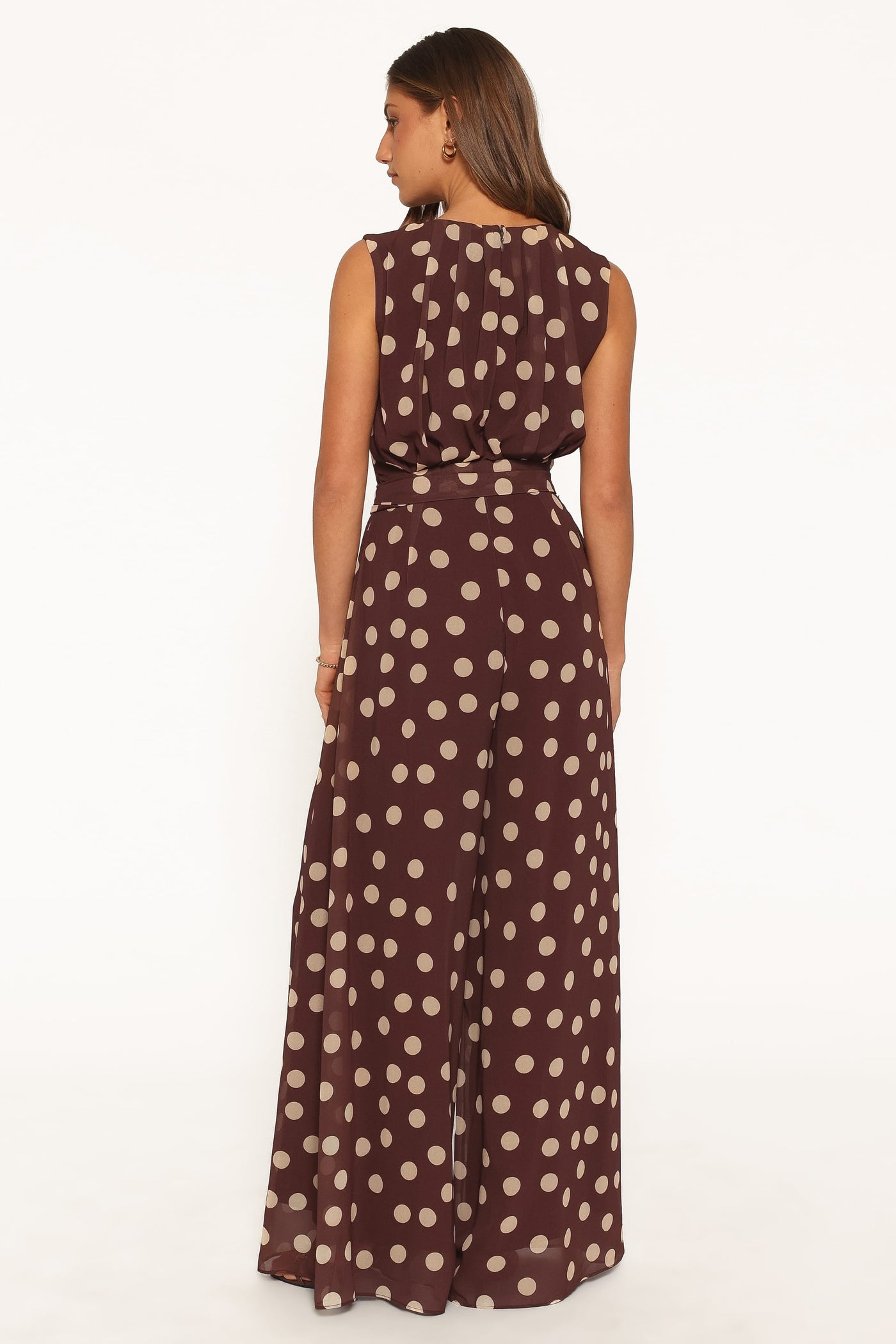Collene Tie Waist Jumpsuit - Brown Polka Dot