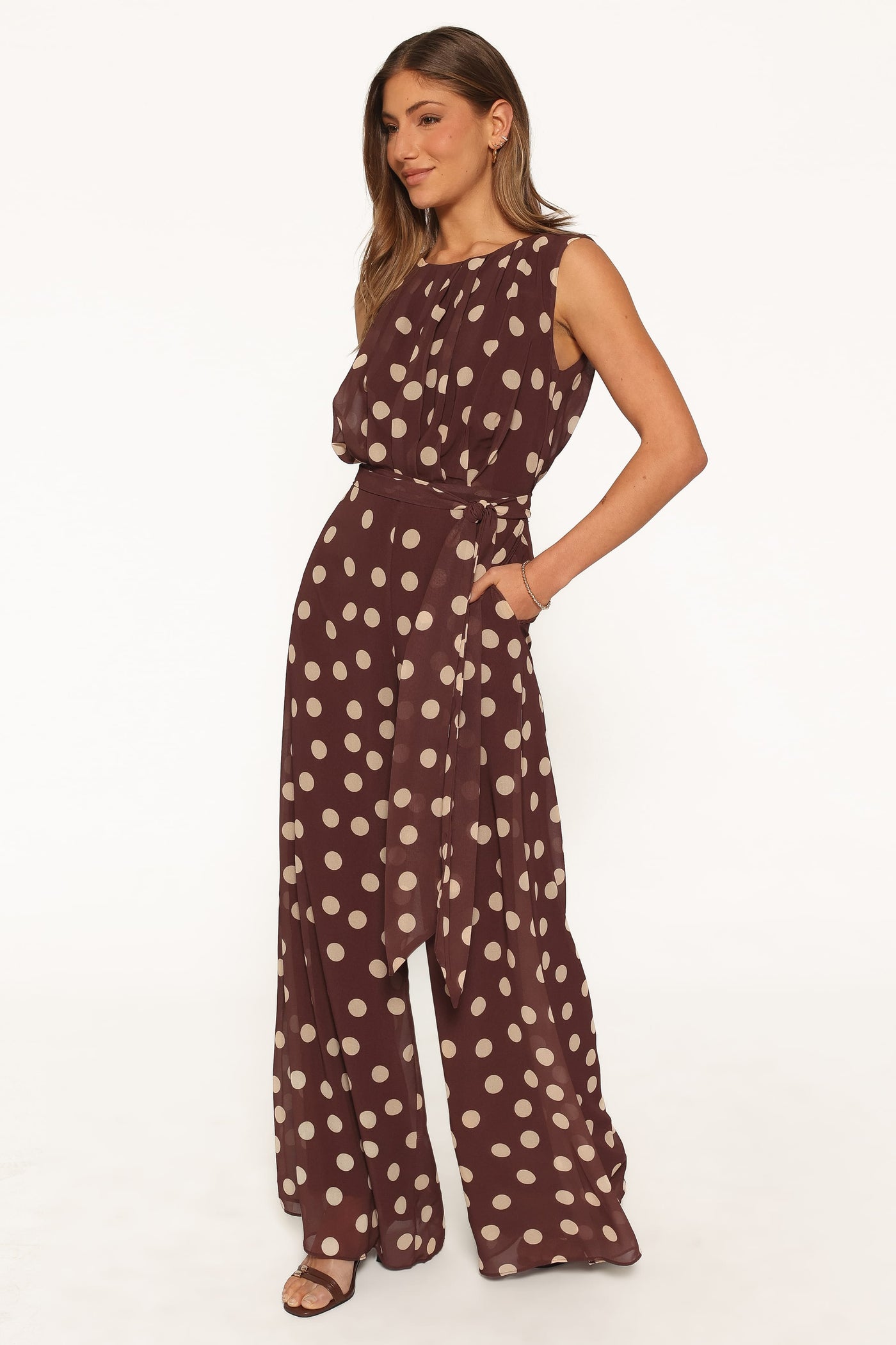 Collene Tie Waist Jumpsuit - Brown Polka Dot
