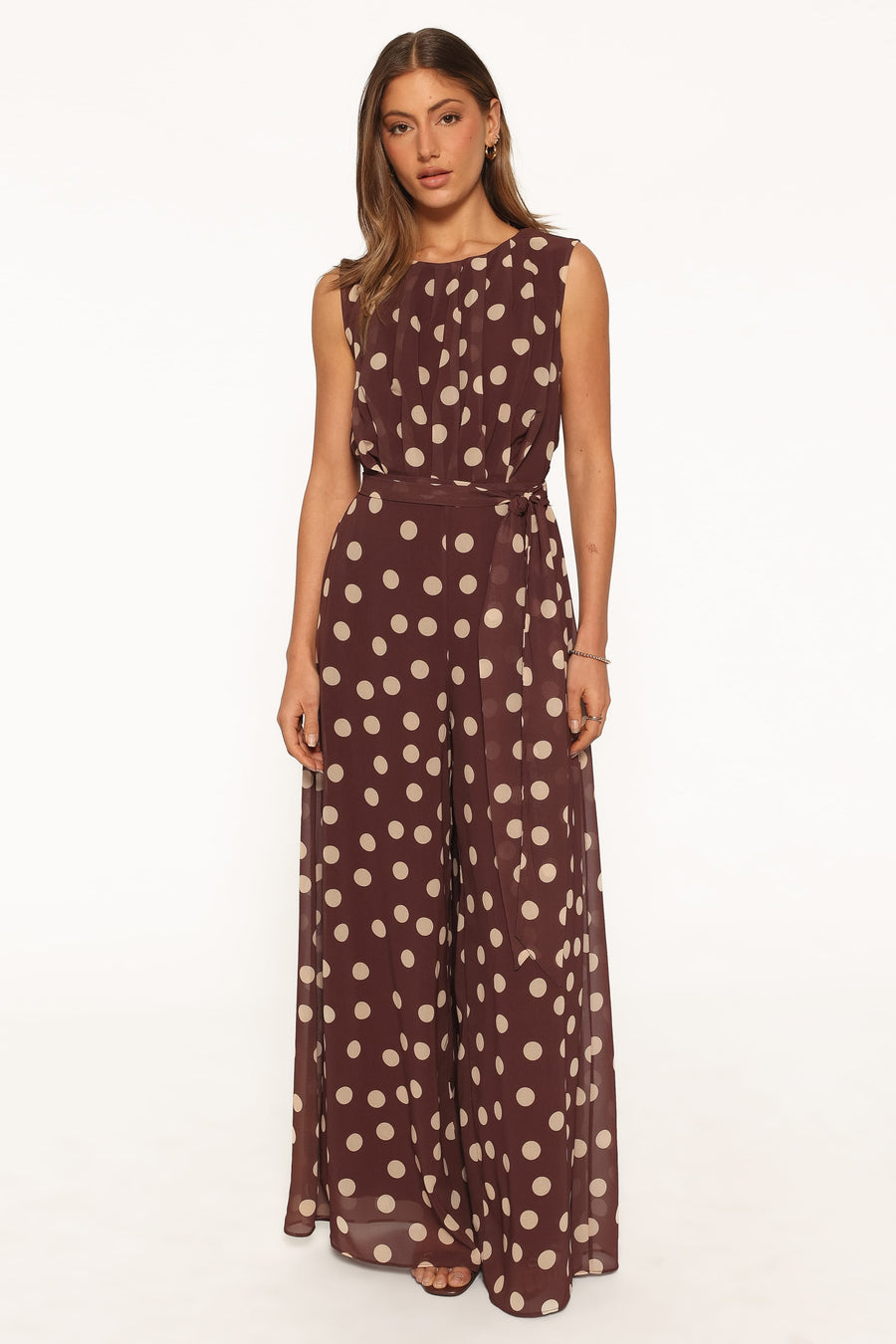 Collene Tie Waist Jumpsuit - Brown Polka Dot