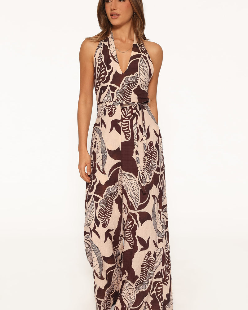 Kehlani Halterneck Jumpsuit - Brown Floral