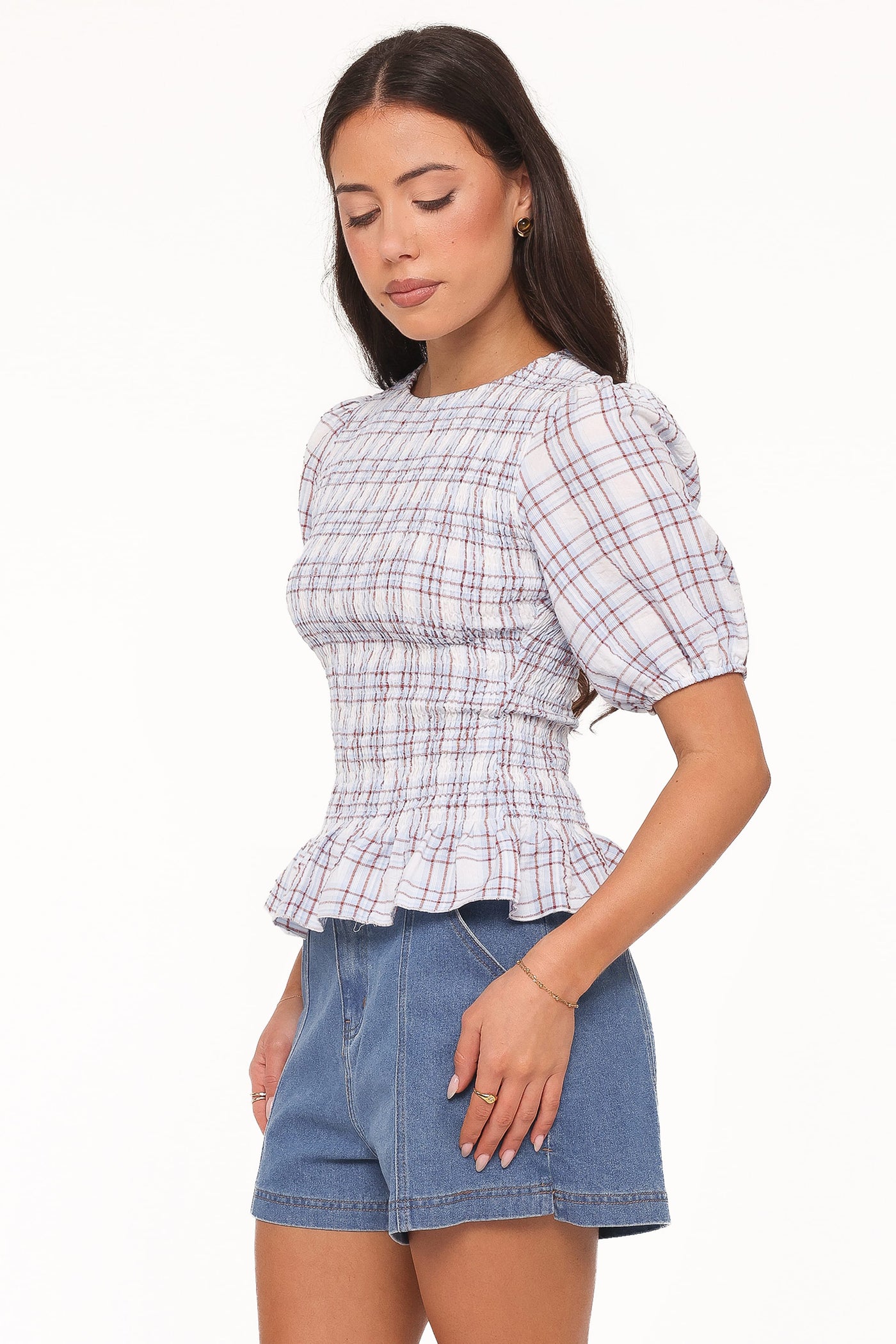 Callista Shirred Waist Top - Light Blue Plaid
