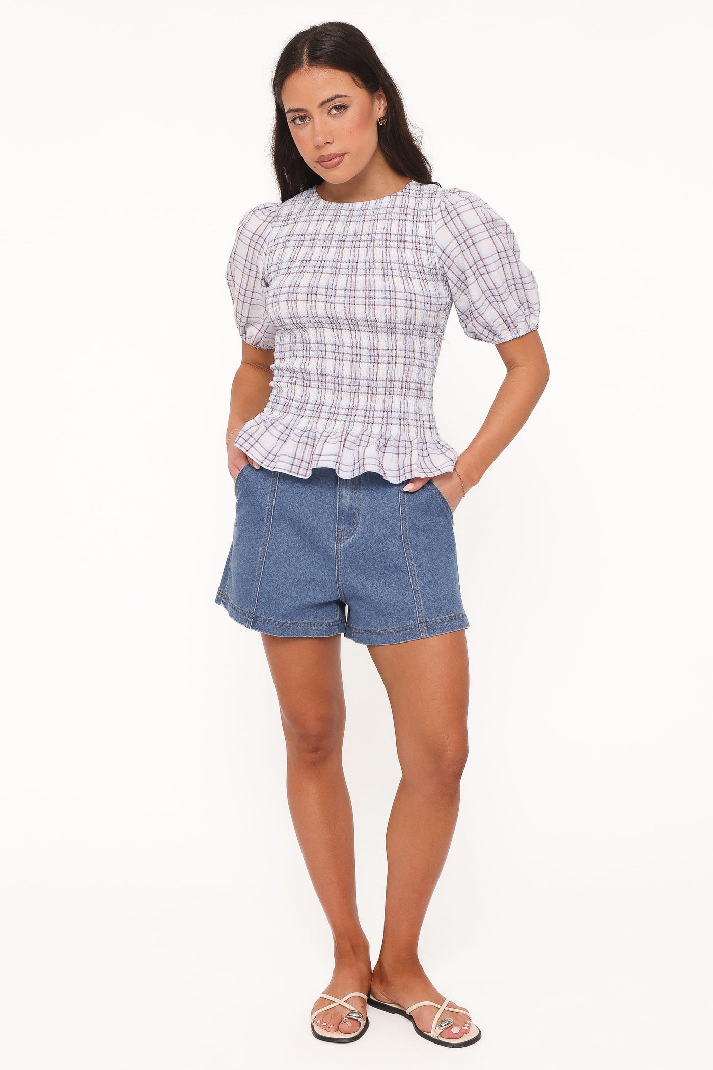Callista Shirred Waist Top - Light Blue Plaid