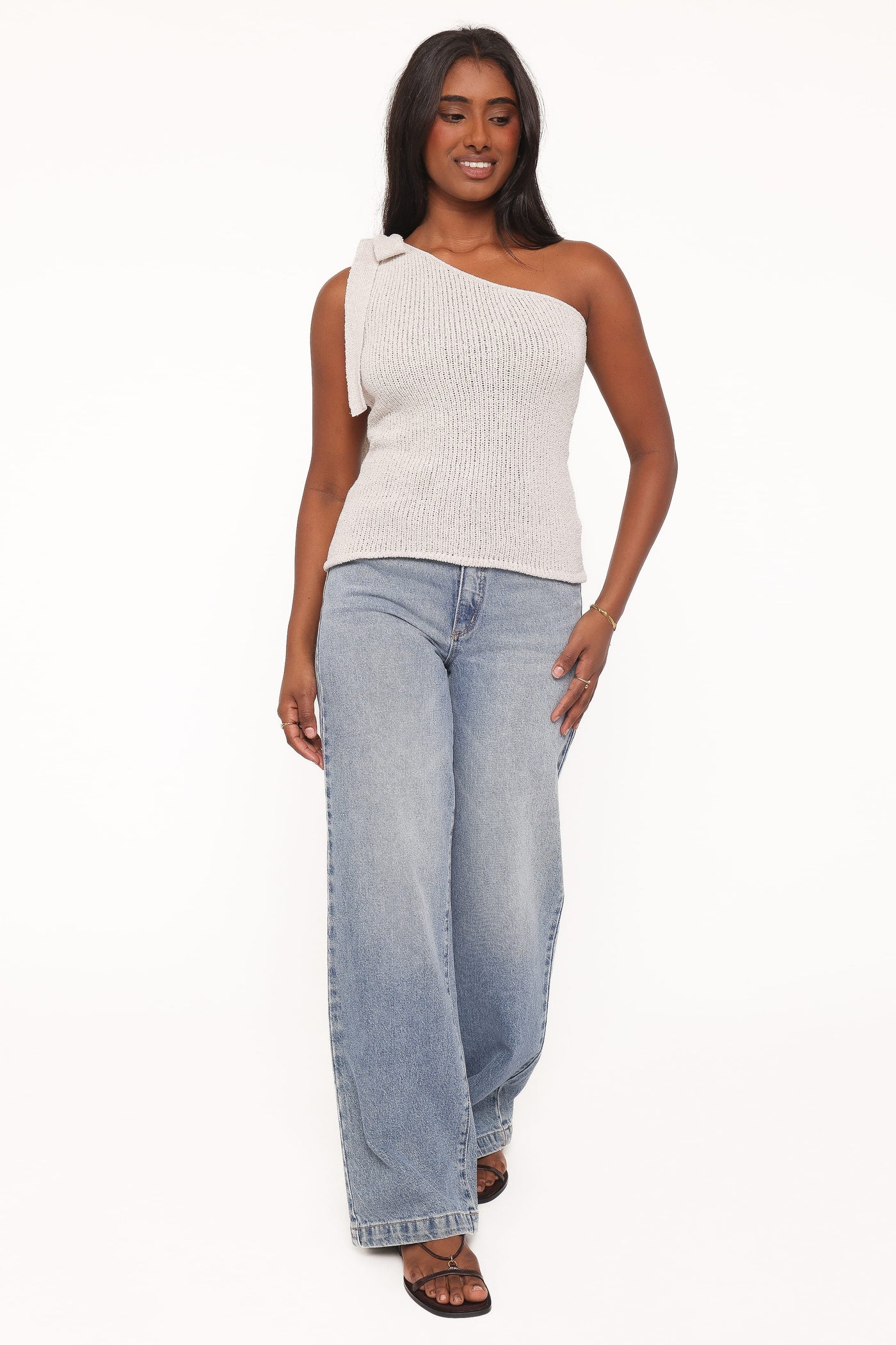 Jutta One Shoulder Knit Top - Beige