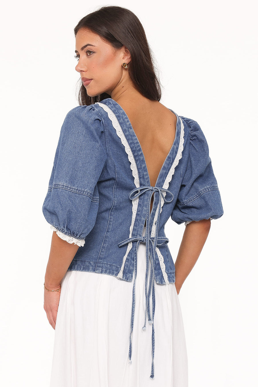 Merli Denim Open Back Top - Blue Medium Wash