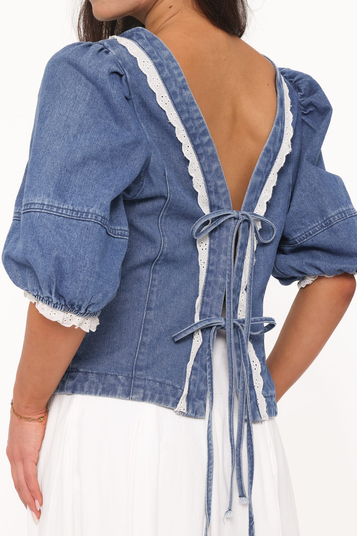Merli Denim Open Back Top - Blue Medium Wash