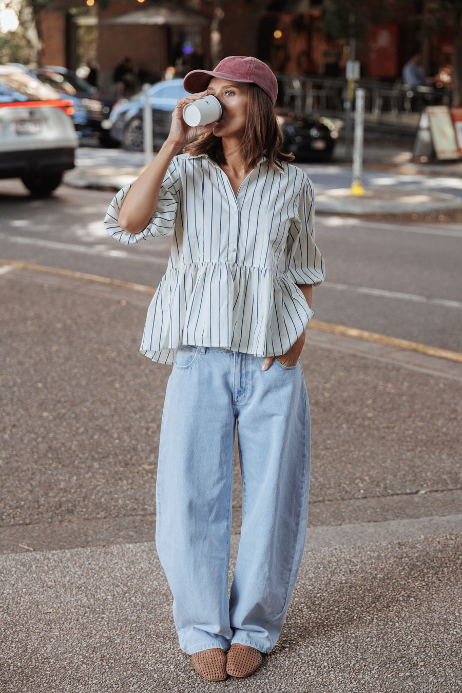 Thomas Short Sleeve Peplum Top - Yellow/Blue Stripe