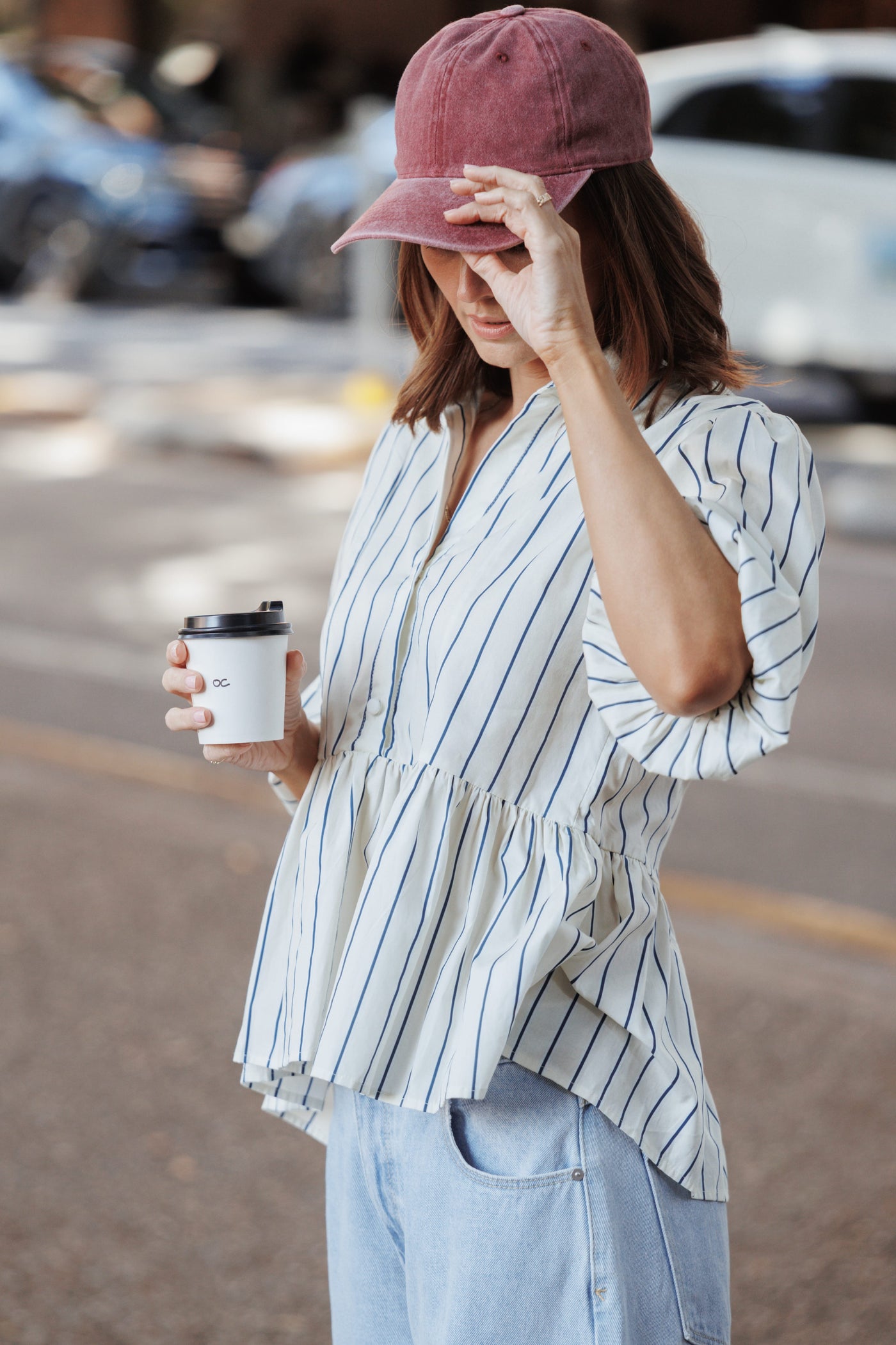 Thomas Short Sleeve Peplum Top - Yellow/Blue Stripe