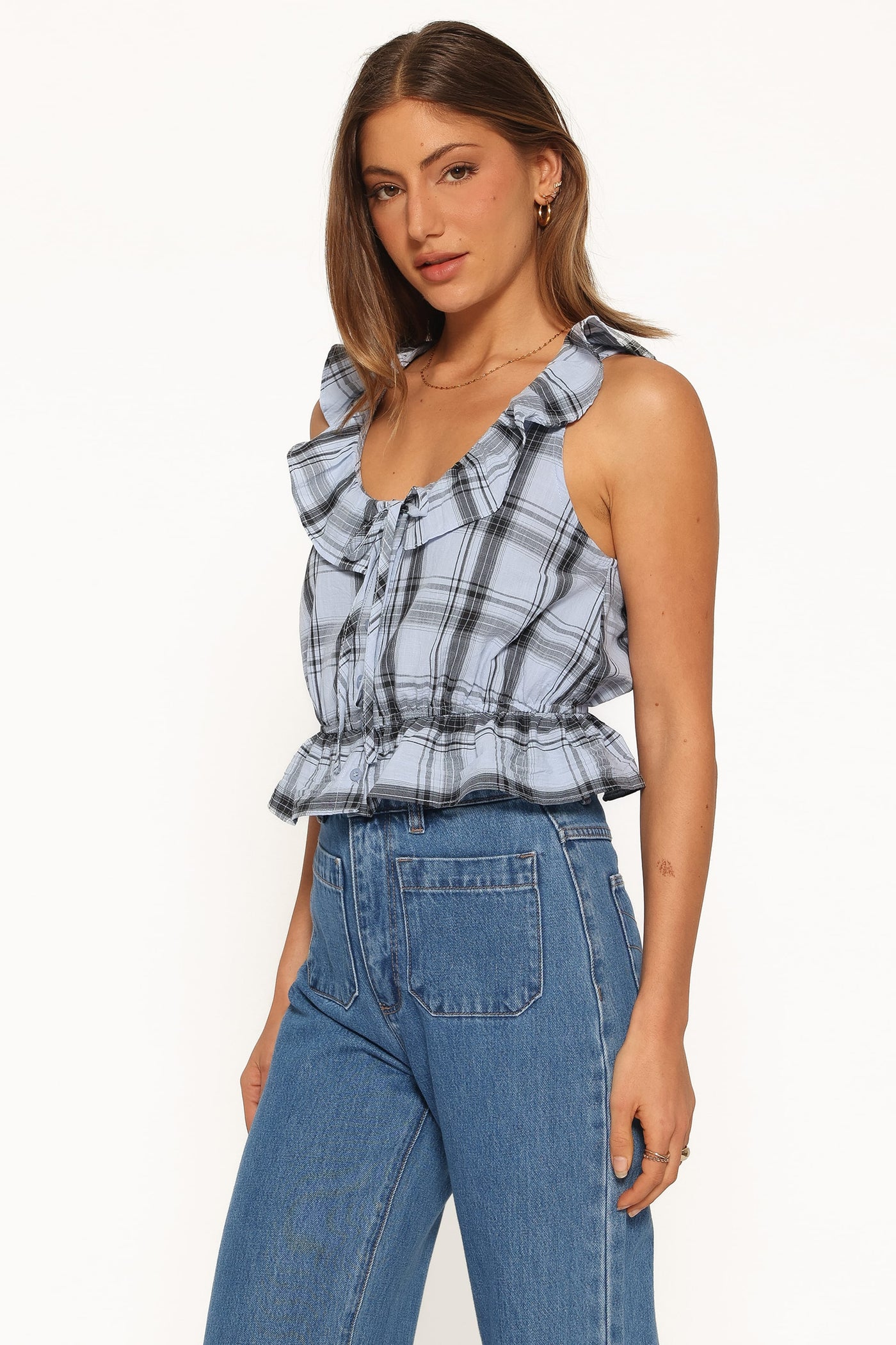 Traci Ruffle Peplum Top - Icy Blue Plaid